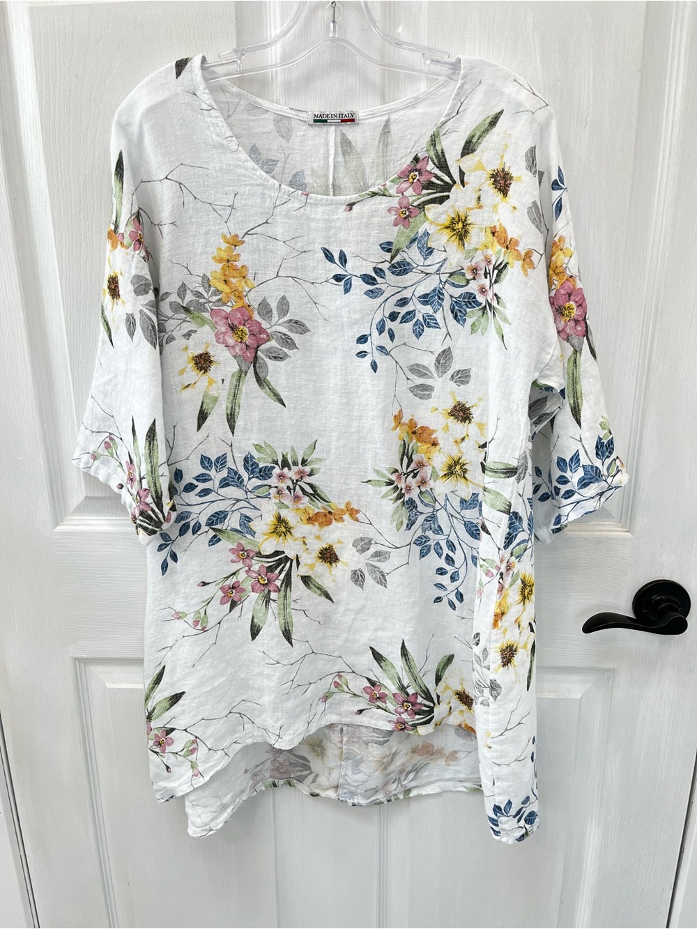 Made in Italy 100% Linen Floral Tunic Top Large Lagenlook Art to Wear White Boho